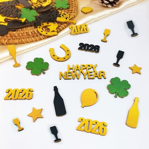 Neujahr Tischdeko 2026 Holzkonfetti Streudeko 70 Stück, Silvester Deko in Schwarz Gold mit Sternen, Kleeblättern, Hufeisen & Happy New Year Schriftzug, silvesterdeko Party Glücksbringer Glück Geschenk