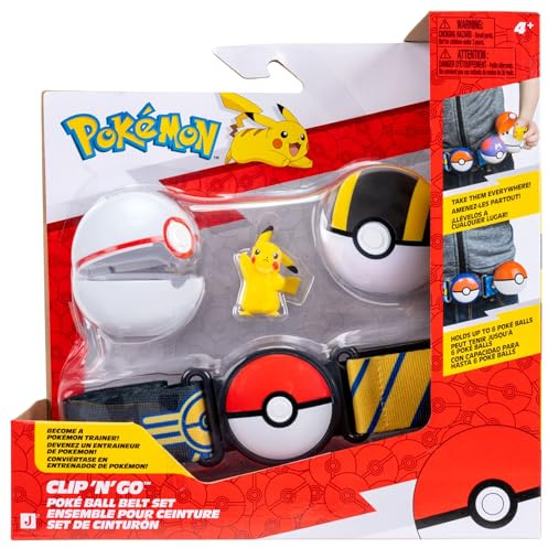 Pokémon PKW4741 - Pikachu Clip 'N' Go Gürtel-Set - Pikachu Battle Figur mit Premierball, Hyperball und Gürtel, offizielles Set