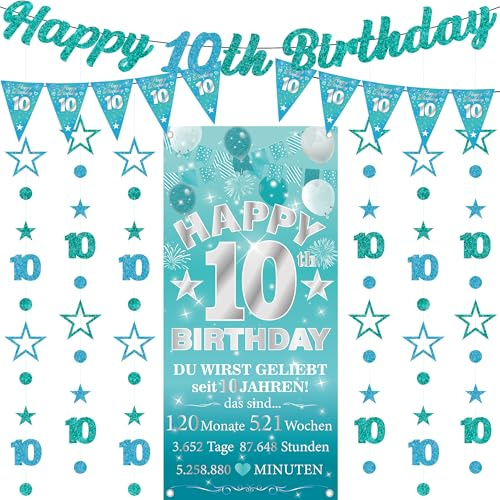 10 Geburtstag Mädchen Deko Girlande - 9 Stück Deko für 10 Jahre Kinder | Teal Glitzer Deko mit Banner Hintergrund Girlande Hängedeko für 10 Jahre Party