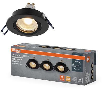 Osram Spot Set LED Einbaustrahler DIM 6W Schwarz 85mm, 500lm 2700K Warmweiß, CRI≥80, Dimmbar Aluminium, 3er-Set