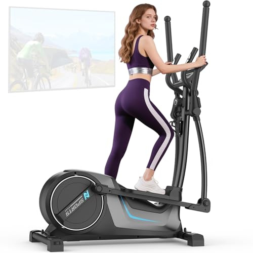 Neezee Crosstrainer für Zuhause, Ultraleiser Ellipsentrainer mit 16 Widerstandsstufen, 8 kg Schwungrad, 16,5 Zoll Schrittlänge, LCD-Display, Pulssensoren, App-kompatibel, Bis 150 kg