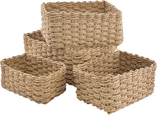 Aufbewahrungskorb Badezimmer 4er Set, Geflochtene Regalkörbe aus Papierseil | 4 Größen aus recyceltem Papierseil für Bad, Regal und Kosmetik – dekorative Körbe für stilvolle Ordnung