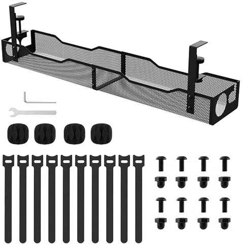 Under Desk Cable Management Tray, No Drill Cable Organiser | Large Clamp-On Cable Management Tray, Metal Under Desk Cable Tray for Home Office, Extension Leads & Wire Management