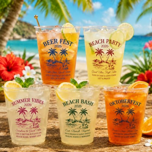 Personalised 5-100 Pack Reusable Plastic Party Cups with Custom Text, Clear Disposable Plastic Cups for Parties Weddings Birthday Summer Vacation Travel Camping BBQ Gifts for Friends & Family (Text)