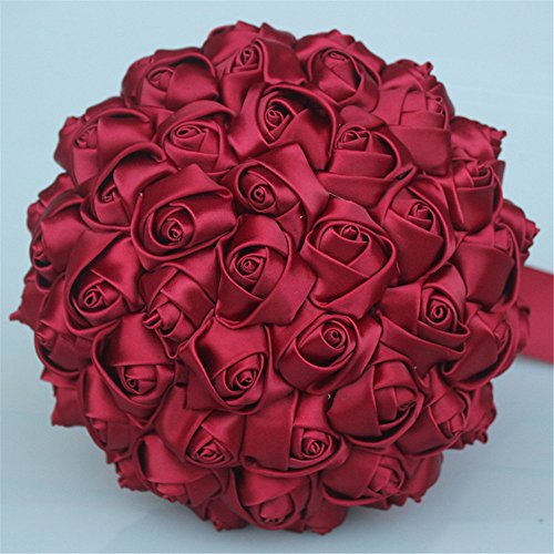 USIX Handarbeit, einfarbig, beliebte Satin-Rose, Brautstrauß, Hochzeitsstrauß, Hochzeits-Blumenarrangements, Brautjungfernstrauß (dunkelrot)