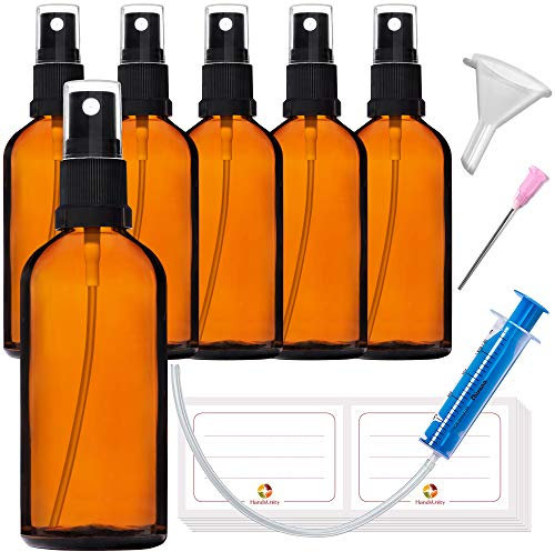 HandsUnity 100ml-6 piezas Botella de Vidrio Pulverizador - Farmacia Ámbar Botella de Vidrio Conjunto con Atomizador Negro Botella de Vidrio Pulverizador de Vidrio Marrón incluyendo 17 Accesorios