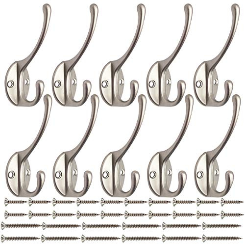 IBosins 10 Pack Heavy Duty Dual Coat Hooks Wall Mounted with 40 Screws Retro Double Hooks Utility Silvery Hooks for Coat, Scarf, Bag, Towel, Key, Cap, Cup, Hat (Silvery)