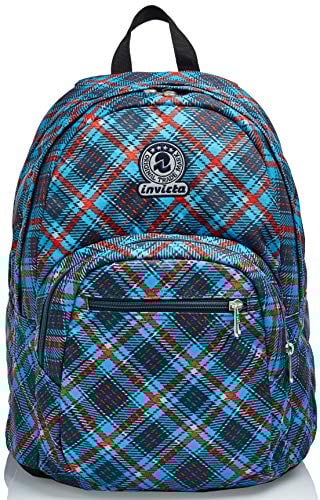 Invicta Rucksack Format, gepolsterter Schulranzen, geräumige Schultasche, mit Doppelfach und Organisationsfach, blau kariert