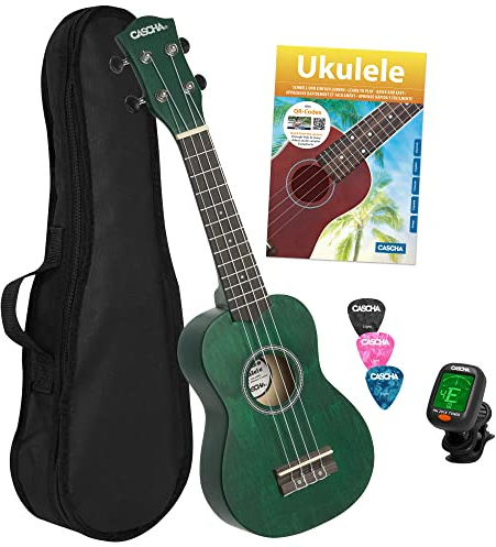 CASCHA Sopran Ukulele Set für Kinder und Erwachsene I Ukulele Starter Kit mit 3 Plektren Tasche Lehrbuch Lernvideos über QR-Code Stimmgerät I Set Aquila Saiten Nylon I Kleine Hawaii Gitarre I Grün, 0