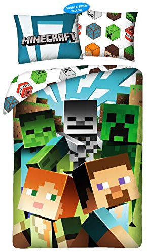Halantex Minecraft Steve Alex Zombie Bettwäsche Kinderbettwäsche 2 TLG Set: Bettbezug 140x200 + 1 Kissenbezug, Grün, Öko-Tex, MNC-200-BL