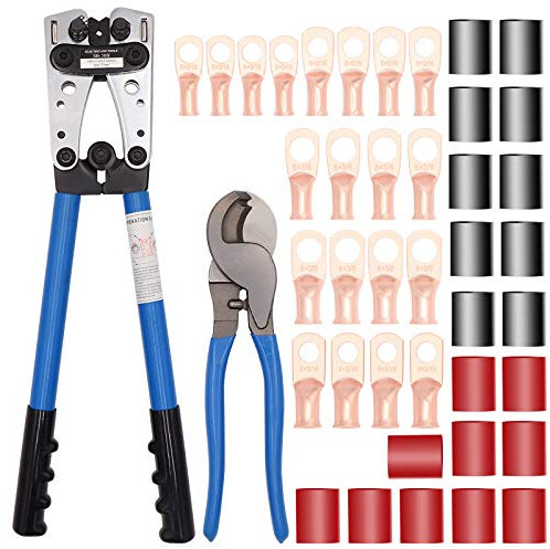 Batteriekabel-Drahtschuh-Crimpzange für AWG 8-1/0 Klemmen mit Kabelschneider und 20 Rohrringverbindern und 20 Stück 3:1 doppelwandige Schrumpfschläuche