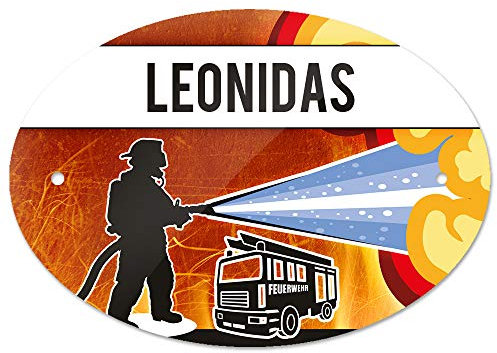 Eurofoto Türschild mit Namen Leonidas und Feuerwehr-Motiv | Kinderzimmer-Schild