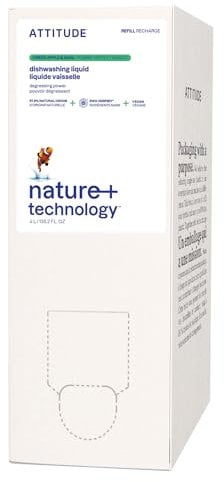 ATTITUDE Washing Up Liquid Refill, EWG Verified, Plant-Based & Vegan Dish Soap, Naturally Derived, Green Apple & Basil Scent, 4 Liters
