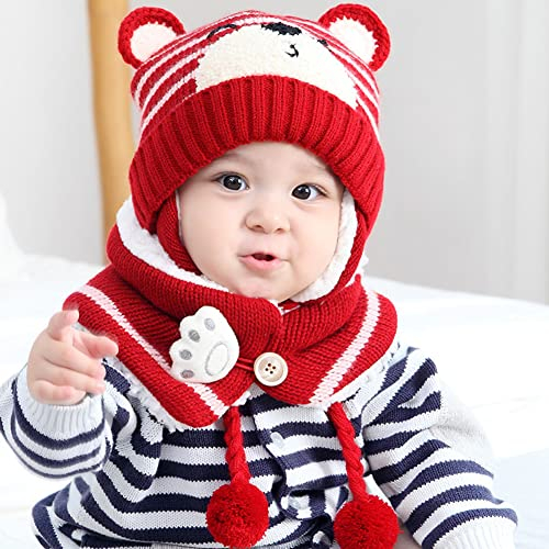 Uposao Warm Mütze und Schal Set für Jungen Mädchen 6-36 Monate, Unisex Baby Wintermütze Niedliche Bär Warm Gestrickter Mütze Schal Sets Beanies Hüte Schlupfmütze Plüsch Schalmütze Strickmütze,Rot