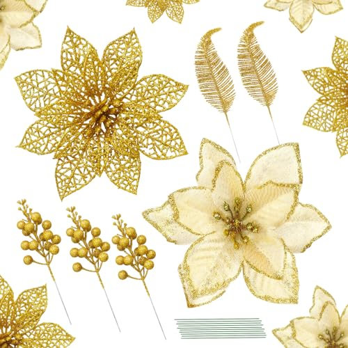 Yueshop 15PCS Christmas Artificial Poinsettia Flowers,Glitter Xmas Flowers Set with Holly Berry Stems Glitter Leaves for Christmas Tree Ornament Wedding Party Wreath Decorations(Gold)