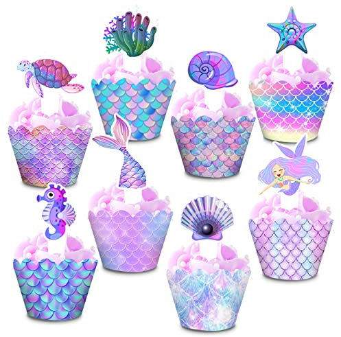 GoldRock Meerjungfrau Geburtstag Deko Set,16 Stück Meerjungfrau Tortendeko und 16 Stück Cupcake Wrapper, Muffin Deko Geburtstag für Kindergeburtstag, BabyShower, Hochzeit, Kuchen,Dessertdekoration