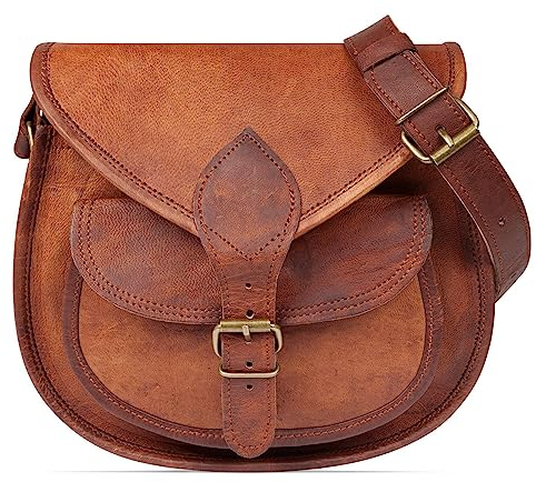 LEABAGS Leder Handtasche Damen, Vintage Cognac Premium Echtleder Umhängetasche, Damen Schultertasche Damentasche Tragetasche für Arbeit Uni Schule Freizeit I Größe M (23 x 21 x 11 cm)