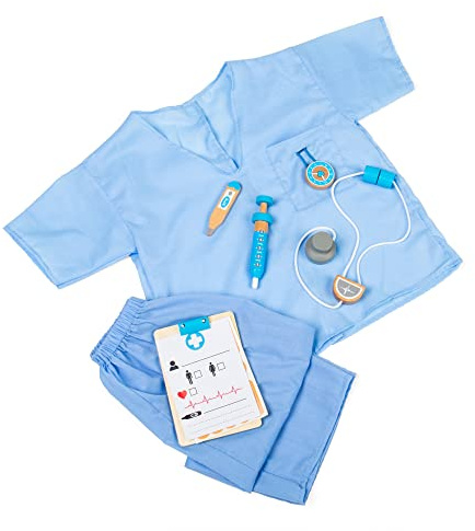 Bigjigs Toys Kids Doctor Costume, 3-5 Years with Blue Scrubs & Stethoscope | Blue Scrubs, Stethoscope, Thermometer & Accessories Included, Fancy Dress Gift for Boys & Girls, Age 3-5