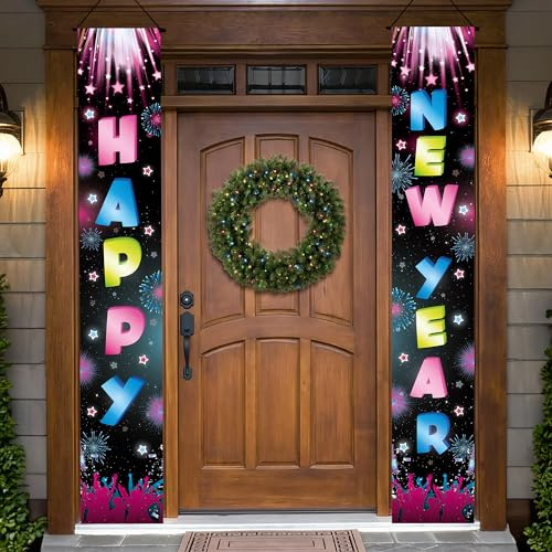 KatchOn, Xtra großes Türbanner Happy New Year – 183 x 30,5 cm | Neon-Neujahrs-Hintergrund, bunte Neujahrs-Dekorationen | Silvester-Partyzubehör | Neujahrs-Neonschild, Happy New Year Dekorationen