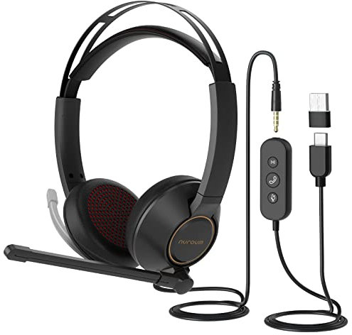 Nuroum HP11-DU USB Headset with Microphone for PC Laptop, 270° Rotatable Boom Mic, USB A/Type-C/3.5mm to PC/Mac/Mobile, Works with Zoom/Teams for Calling/Conference/Music, Dual-Ear Headphones(Stereo)