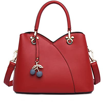 NICOLE & DORIS Handtaschen Klein Modern Handtasche Damen Schultertaschen PU Leder Umhängetasche Frauen Henkeltasche Tote Tasche Satchel Handtasche mit Kirschen Anhänger Rot