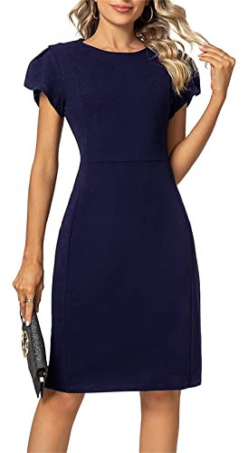 MINTLIMIT Women Sheath Dress Puff Tulip Short Sleeve Lining Business Wear to Work Pencil Dress Navy Blue