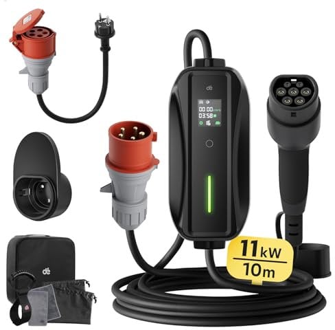 dé Mobile Wallbox/Ladestation 11kW [3-phasig|10m|6-16A] mit Einstellbarer Ladeleistung, Ladekabel CEE 16A auf Typ 2 und EV Ladegerät für Model Y/3, ID.3/4/5, MG4, EX30, e-up, e-tron, Zoe und andere EV