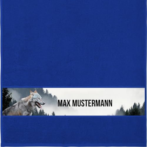 Handtuch mit Namen - personalisiert - Motiv Tiere – Wolf - viele Farben & Motive - Dusch-Handtuch - Royalblau - Größe 50x100 cm - persönliches Geschenk mit Wunsch-Name