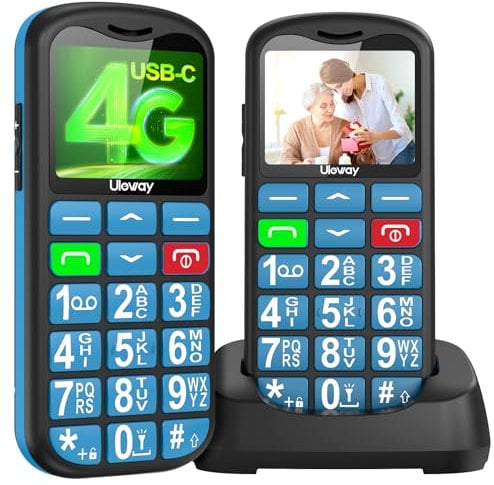 uleway 4G Telefono Movil para Mayores Libres, Moviles Senior Basicos para Mayores con Botones y Teclas Grandes,Base Cargadora,Botón SOS,USB-C,Llamada Rápida,Fácil de Usar Celular para Ancianos (Azul)