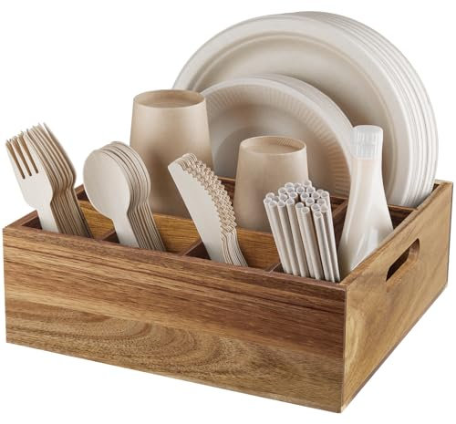ALELION Acacia Wood Utensil Holder for Party - Paper Plate Organizer for Countertop - Silverware Caddy with 6 Compartments for Plate, Cup, Fork, Spoon - Cutlery Holder for Kitchen Camping Buffet