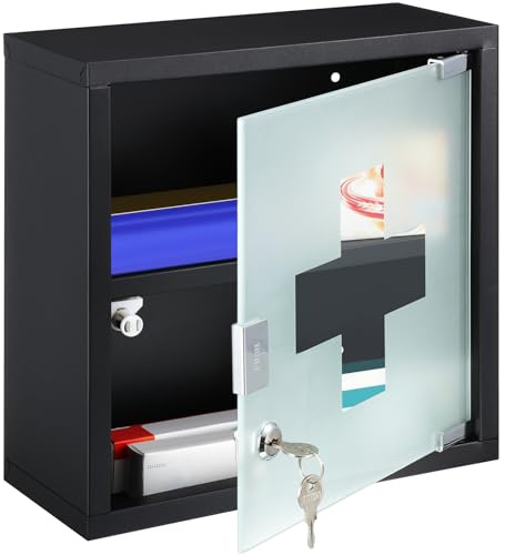 Timgle Medizinschrank zur Wandmontage, abschließbar, medizinischer Hängeschrank mit Sicherheitsglastür für Badezimmer (2 Ablagen, Schwarz)