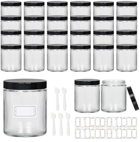 Lot de 24 bocaux en verre de 236,8 g avec couvercles, pots cosmétiques transparents avec doublures intérieures et couvercles noirs, pots à lotion, bougies pour lotions, gommages et cosmétiques,