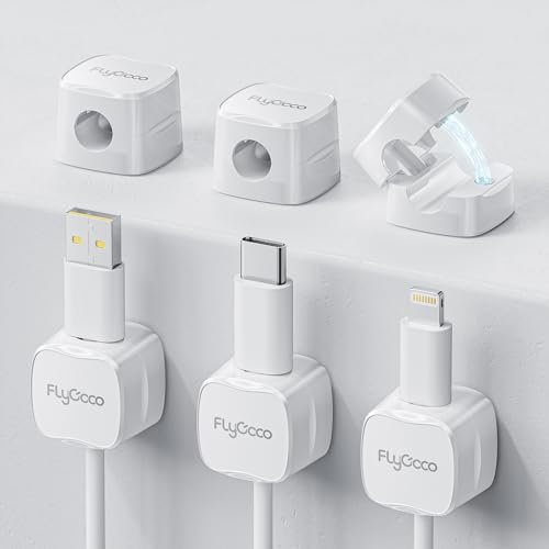 6 Pack Magnetic Cord Organizer, FlyCoco Cable Management Clips for Desk Phone Charging Cable Storage Holder, Cable Clips Organizer for Office Desk Kitchen Table Corner Wall Or Car Dashboard (White)