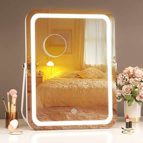 Hasipu Kosmetikspiegel mit Beleuchtung, 29 x 35cm LED Schminkspiegel, 3 Lichtmodi, Smart Touch Control dimmbar, 360ーRotation, gerundeter rechteckiger weißer Rahmen, mit 5facher Lupe