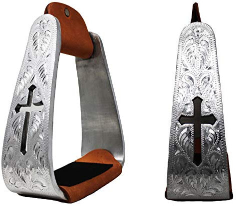 CHALLENGER Pferd Western Türkis Aluminium Gravur Kreuz Ausschnitt abgewinkelt Steigbügel 51211SL