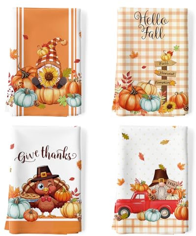 Arquiel 4 Piezas Paños de Cocina Calabaza de Otoño Algodón Toallas de Cocina Hojas de Arce Suaves y absorbentes Toallas de té y Toallas de Barra, 48 x 70 CM