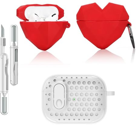 LEWOTE 3 in 1 Kompatibel mit Apple Airpods Pro(2nd/1st Generation) Schützende Lustige Nette Fall Abdeckung mit Reiniger Kit Schlüsselanhänger (Diamond Heart)