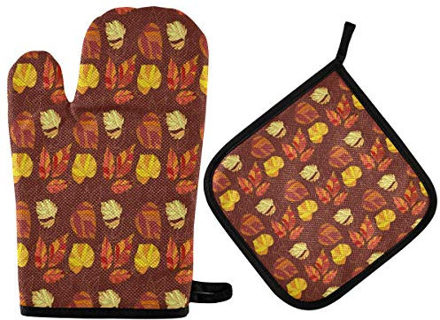 Vikeiac Set di presine da forno con foglie autunnali, antiscivolo, guanti da cucina lavabili resistenti al calore, guanti da forno per microonde, barbecue, cottura alla griglia
