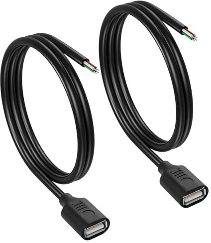 CERRXIAN Lot de 2 câbles courts USB A femelles 4 broches 24 AWG - Connecteur femelle USB 2.0 mâle vers fil nu - Extrémité ouverte - Remplacement de courant et de données - 0,5 m (femelle)