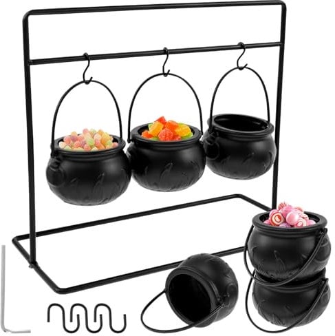 QINGLANG Witches Cauldron Large Halloween Plastic Cauldron Pot Serving Bowls with Handle Black Candy Bucket Shelf with Hooks Trick or Treat Party Supplies Halloween Party Decorations (6 pcs)
