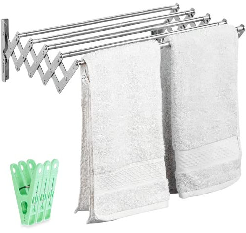 JUPPLIES Tendedero Extensible Pared 160cm - Tendedero Plegable de Pared de Interior o Exterior Apto para Todo Tipo de Ropa con 5 Barras de Secado - 10 Pinzas Incluidas