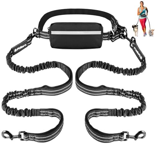 Philorn Hands Free Dog Lead with Adjustable Waist Belt for Medium Large 2 Dogs, Waist Dog Lead for Running, Walking, Jogging, Hiking with Dual Handles and Durable Bungee Black (For 2 Dogs)