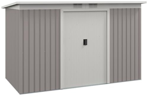 Outsunny Caseta de Jardín Exterior 3,2 m² 280x130x172 cm Cobertizo de Jardín Exterior con Puerta Corredera Techo Inclinado Base Refuerzo (Suelo NO Incluido) y 2 Ventanas Gris Claro