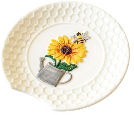 Sizikato Porcelain Spoon Rest, 6.7-Inch Utensil Ladle Rest for Kitchen. Bee and Sunflower Pattern