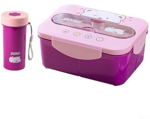 Juego de fiambreras de plástico, contenedor de comida portátil con tenedor, apto para lavavajillas, caja de almacenamiento de alimentos para la escuela, trabajo, picnic (kit rosa)
