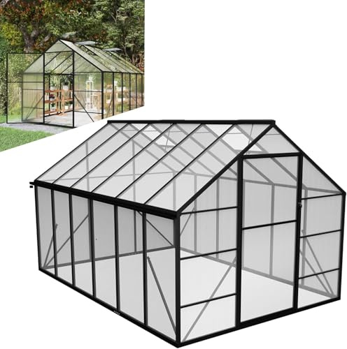 LZQ Gartengewächshaus Aluminium mit Fundament 380x250x205 cm Gewächshaus Pflanzenhaus mit Schiebetür und Dachfenster Treibhaus Gartenhaus Winterfest Aufzucht Tomatenhaus (8x12 ft)