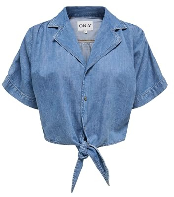 ONLY Damen Jeanshemd Blau S | Normal geschnitten fit, Kurzarm, Casual, Bei max. 40 grad waschen