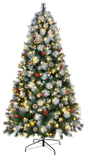 Asinse 7ft/2.1m Pre Lit Slim Christmas Tree with 380 LED Lights, 850 Tips, Snow Flocked Hinged Tree with 65 Mixed Pine Needles and 65 Red Berries, for Xmas Indoor and Outdoor Decoration