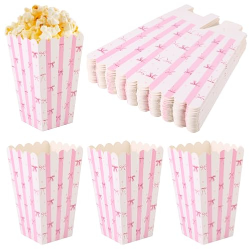 BOXOB 24pcs Pink Bow Popcorn Boxes, Small Snack Treat Bucket Cookie Candy Bowls Popcorn Cones Bags for Boys Girls Birthday Party Favor Supplies (White & Pink)