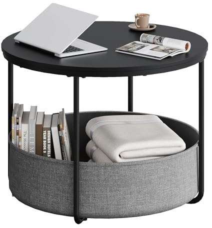WLIVE Coffee Table, Round Table with Fabric Storage Basket, Small Coffee Table, Sofa Table for Living Room, Bedside Table with Metal Frame for Bedroom, Nursery, Black